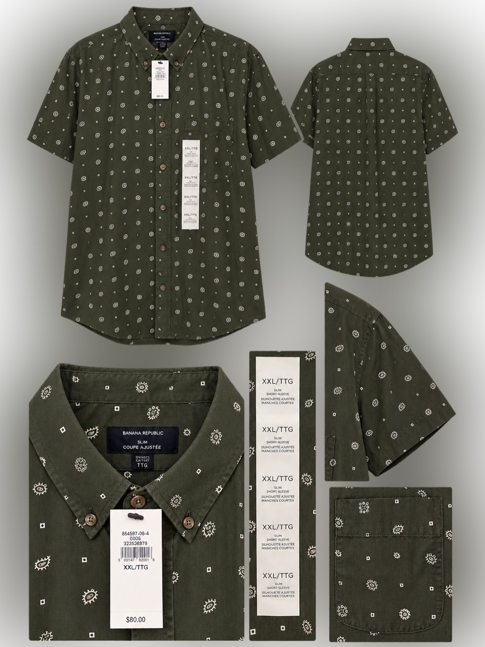 Banana Republic Olive Green Short-Sleeve Printed Button-Down Shirt